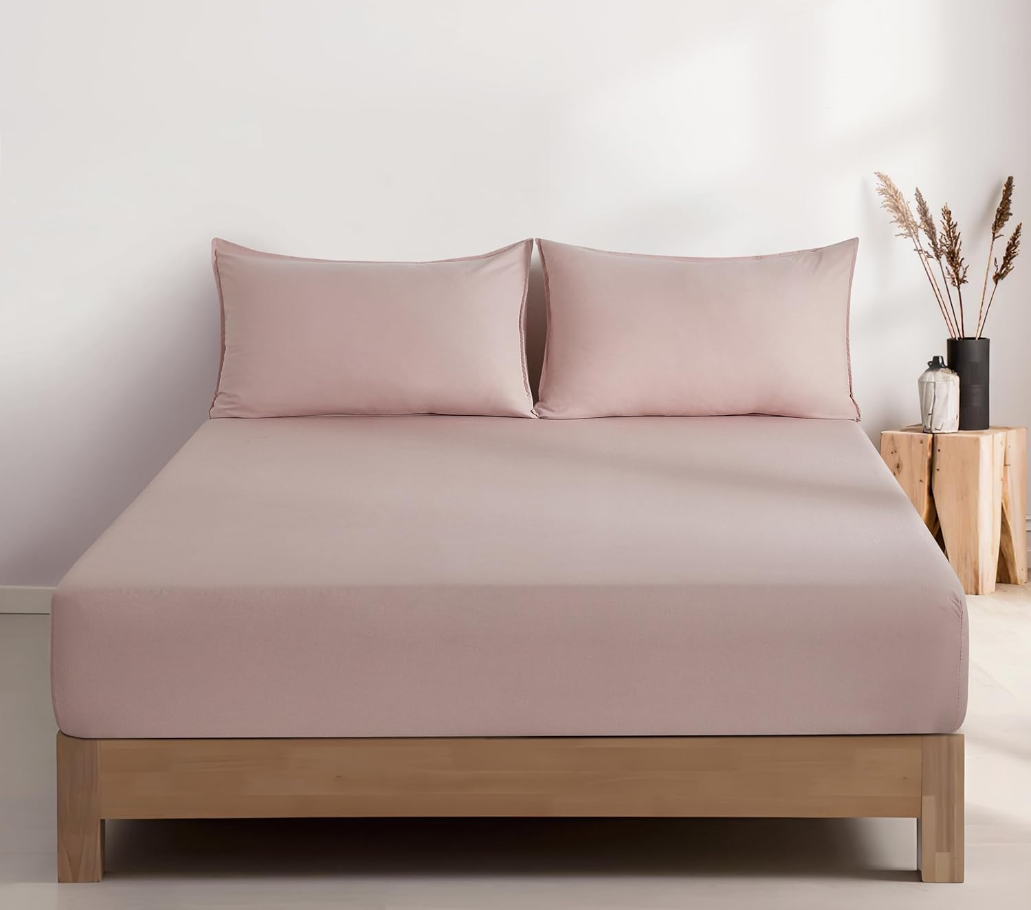 100% Vintage Washed Microfibre Fitted Sheet Set – Ultra Soft & Lightweight All-Season Fitted Sheet with 1 Pillowcase (Pink, Single Size)