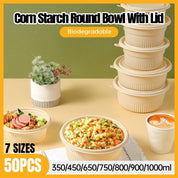 50PCS Biodegradable Corn Starch Lunch Box Round Takeout Containers Eco Friendly - 750ml